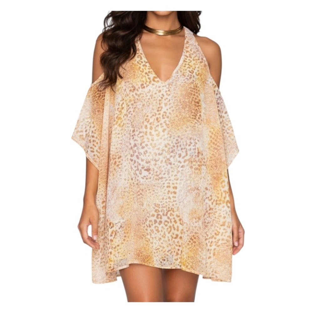 SHOW ME YOUR MUMU Chiffon Cold-Shoulder PETA-BOO LEOPARD Tunic Top Tan/Gold Sz S